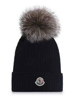 MONCLER ENFANT Kids Fur Bobble Hat Black