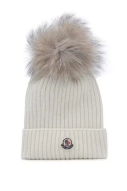 MONCLER ENFANT Kids Fur Bobble Hat White