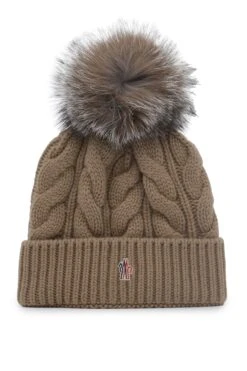 MONCLER GRENOBLE Womens Fur Bobble Hat Stone